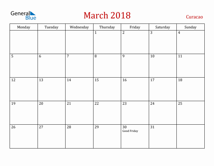 Curacao March 2018 Calendar - Monday Start