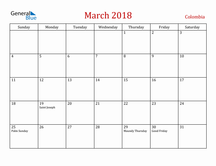 Colombia March 2018 Calendar - Sunday Start