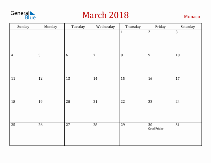 Monaco March 2018 Calendar - Sunday Start