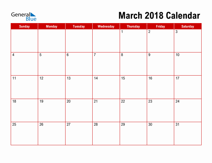 Simple Monthly Calendar - March 2018