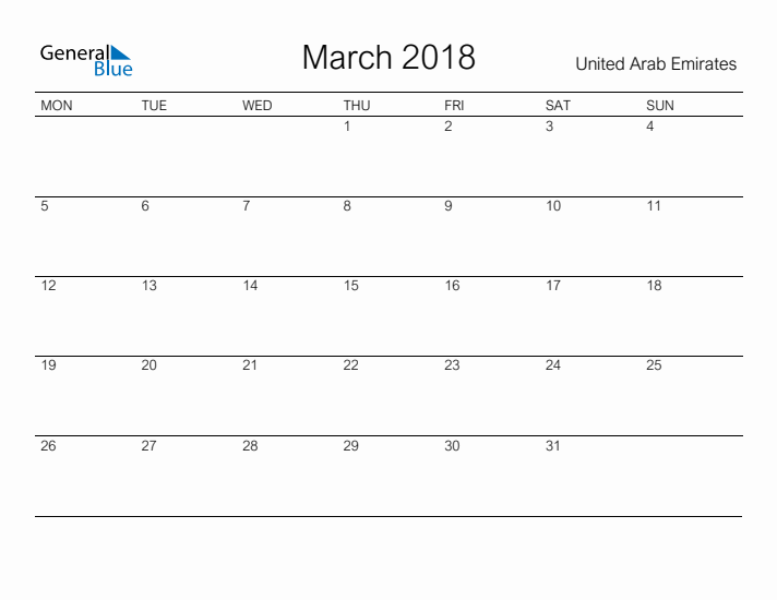 Printable March 2018 Calendar for United Arab Emirates