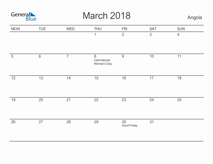 Printable March 2018 Calendar for Angola