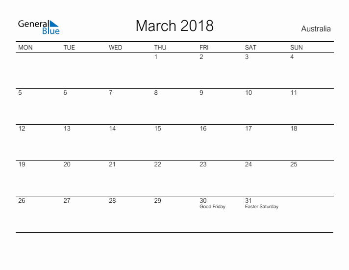 Printable March 2018 Calendar for Australia