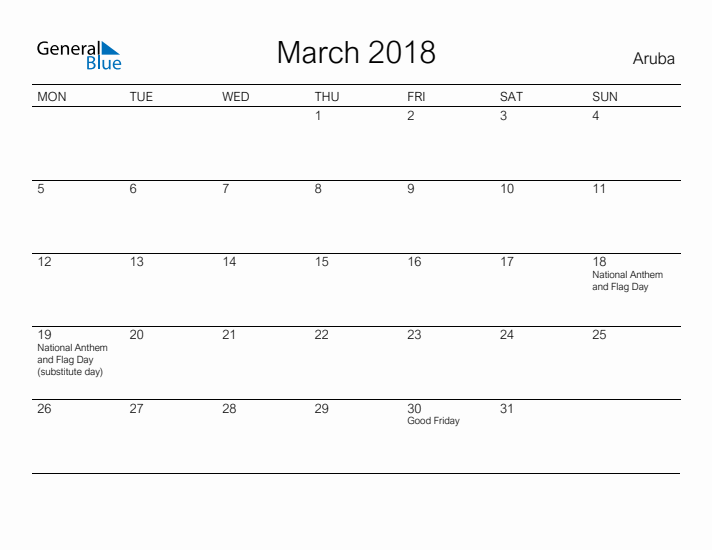 Printable March 2018 Calendar for Aruba