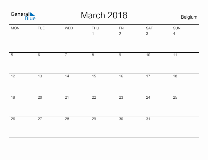 Printable March 2018 Calendar for Belgium