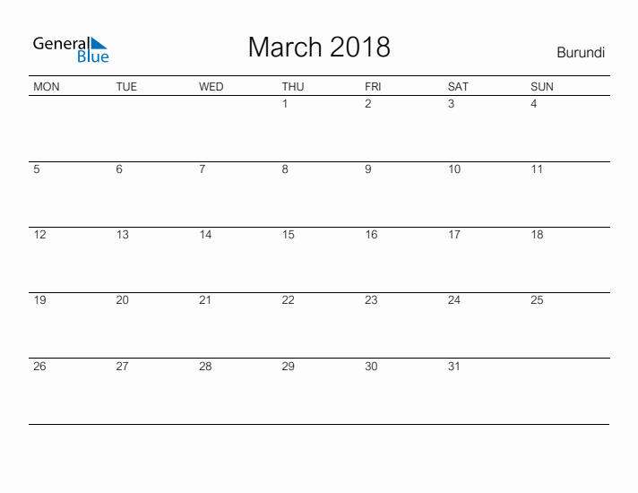 Printable March 2018 Calendar for Burundi