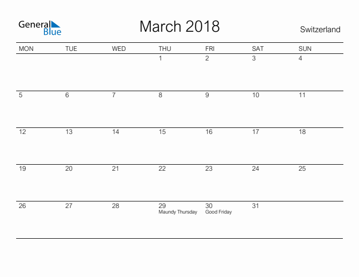 Printable March 2018 Calendar for Switzerland