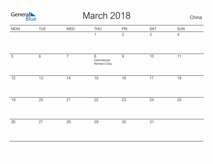 Printable March 2018 Calendar for China