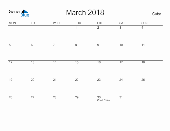 Printable March 2018 Calendar for Cuba