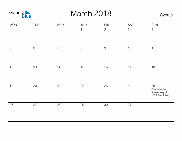 Printable March 2018 Calendar for Cyprus