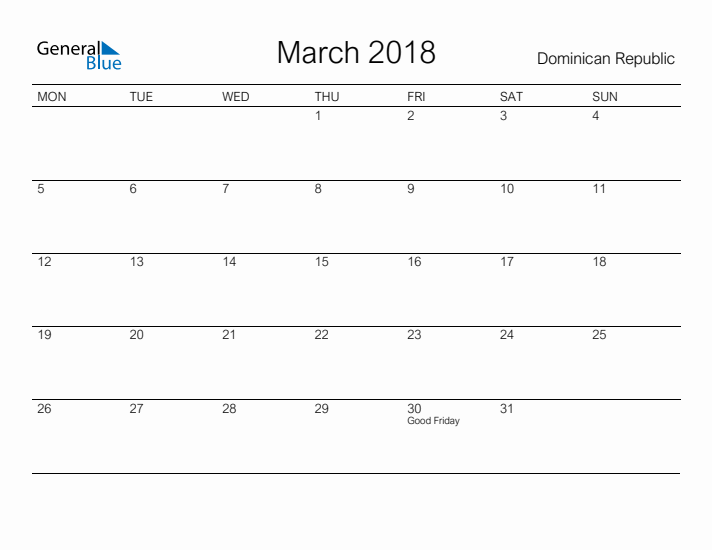 Printable March 2018 Calendar for Dominican Republic