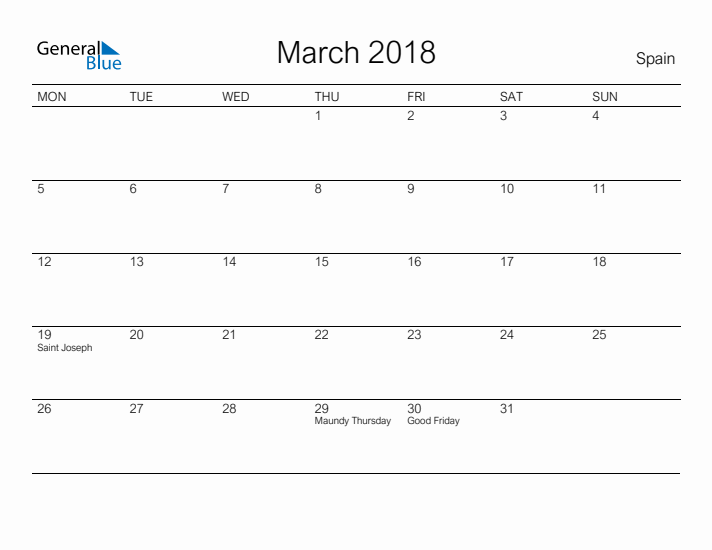 Printable March 2018 Calendar for Spain