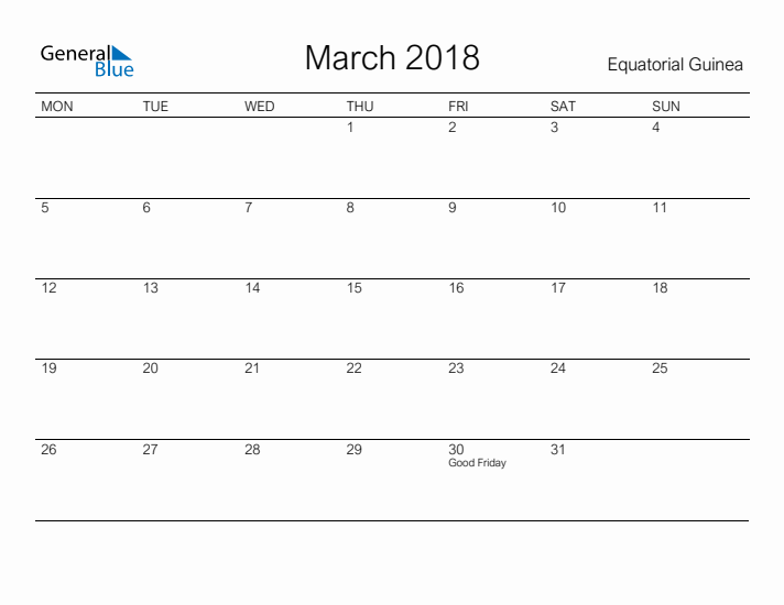 Printable March 2018 Calendar for Equatorial Guinea