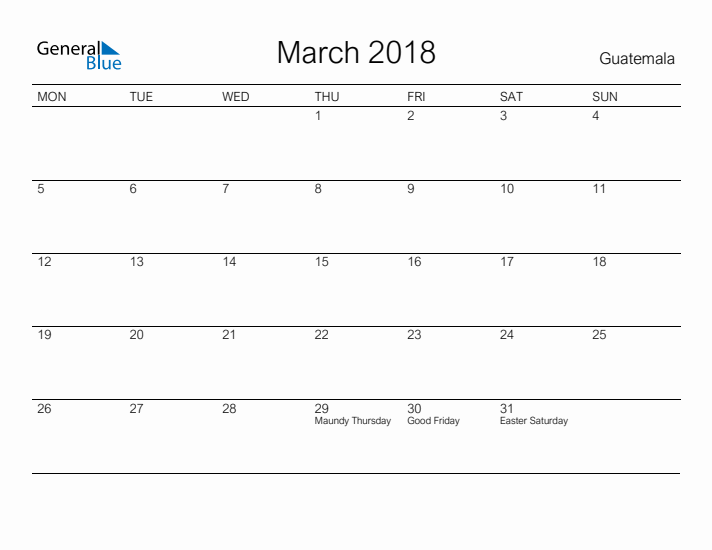 Printable March 2018 Calendar for Guatemala