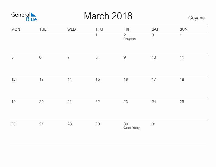 Printable March 2018 Calendar for Guyana