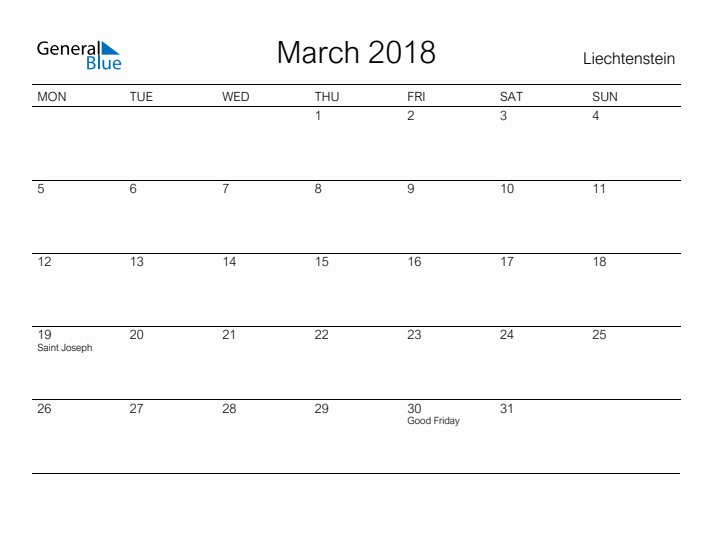 Printable March 2018 Calendar for Liechtenstein