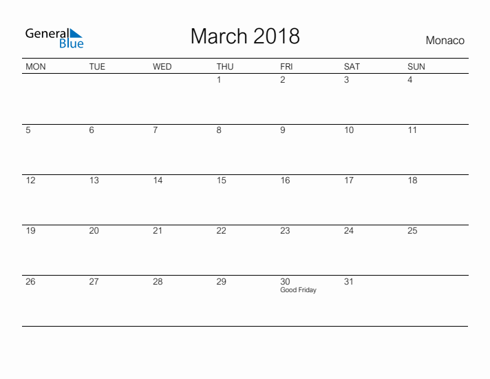 Printable March 2018 Calendar for Monaco