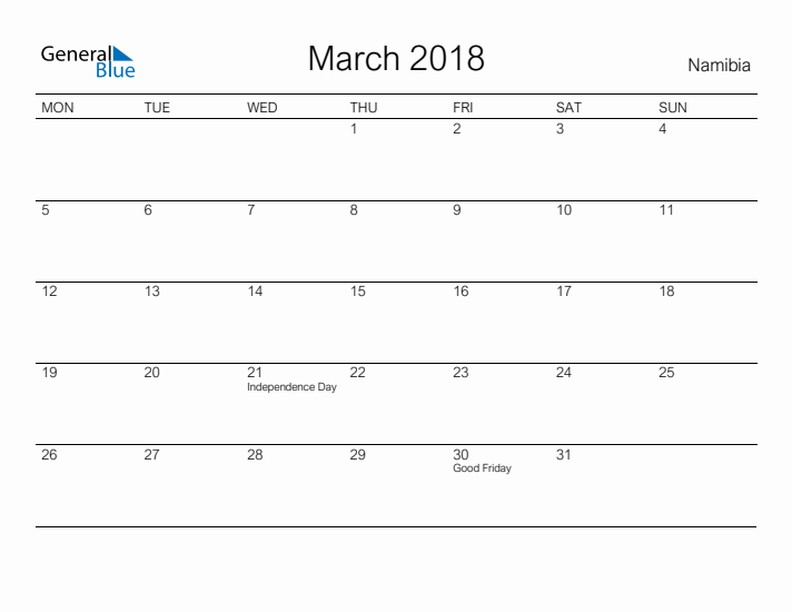 Printable March 2018 Calendar for Namibia