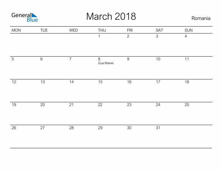 Printable March 2018 Calendar for Romania