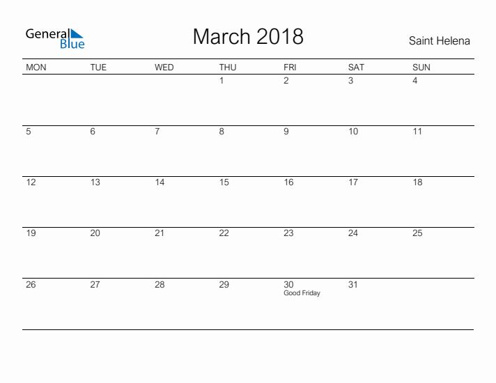 Printable March 2018 Calendar for Saint Helena