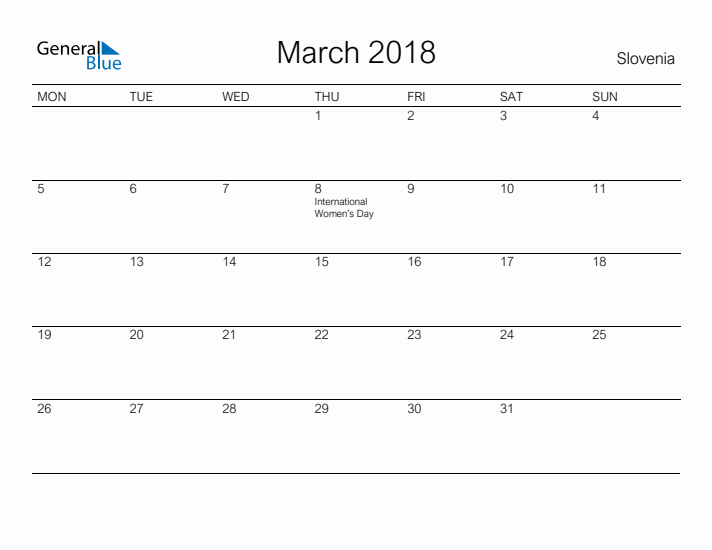 Printable March 2018 Calendar for Slovenia