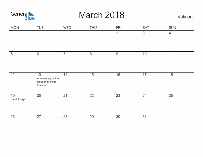 Printable March 2018 Calendar for Vatican