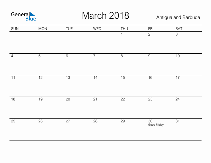 Printable March 2018 Calendar for Antigua and Barbuda