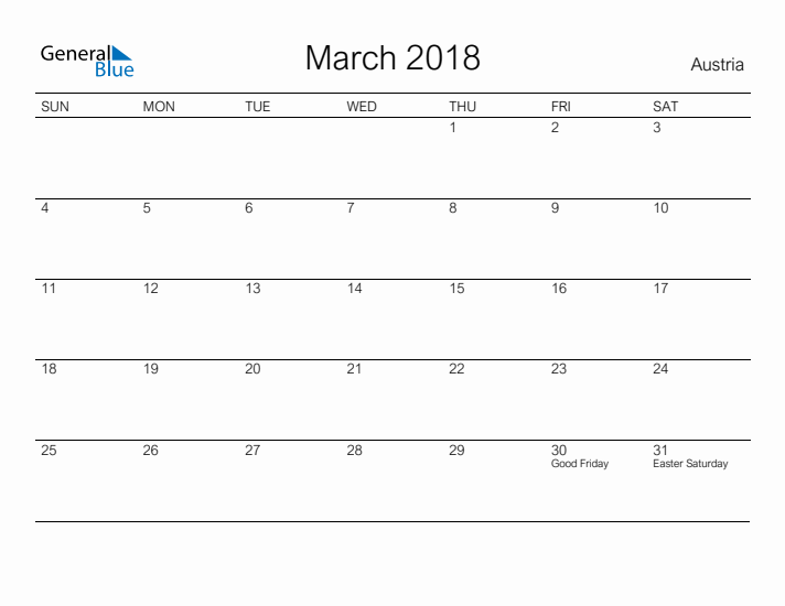 Printable March 2018 Calendar for Austria