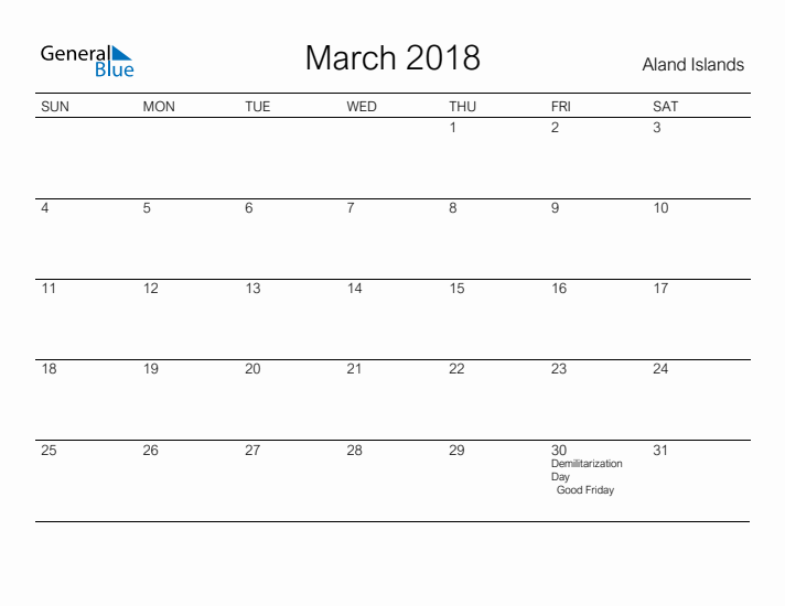 Printable March 2018 Calendar for Aland Islands