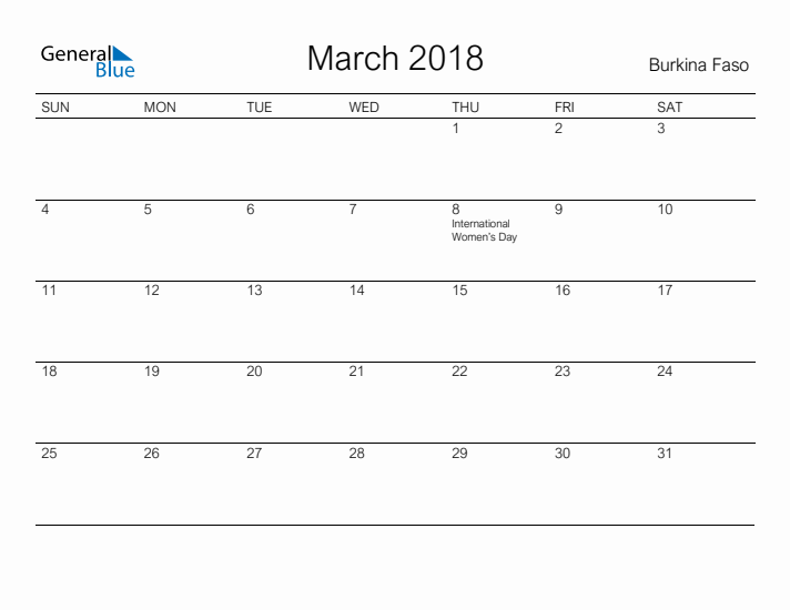 Printable March 2018 Calendar for Burkina Faso