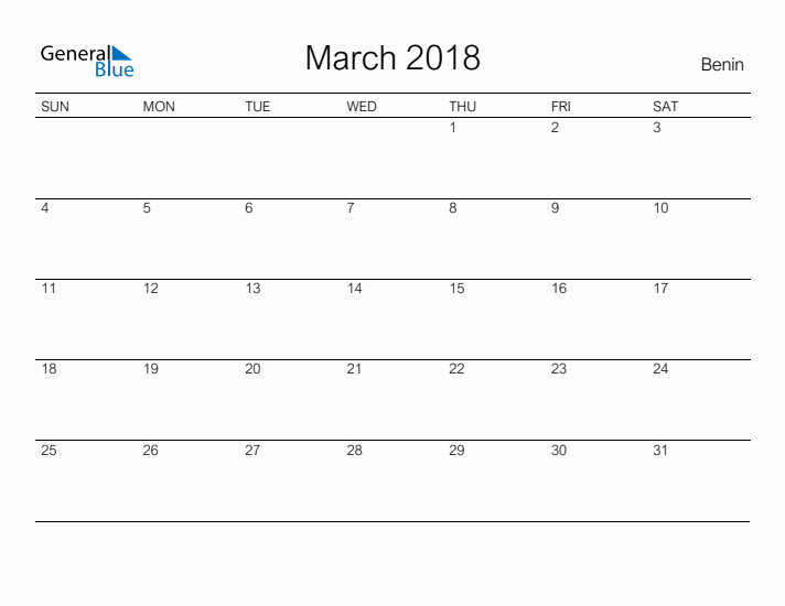 Printable March 2018 Calendar for Benin