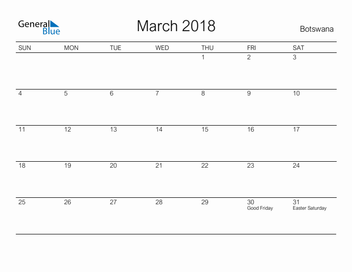 Printable March 2018 Calendar for Botswana