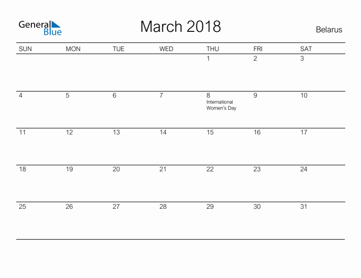 Printable March 2018 Calendar for Belarus