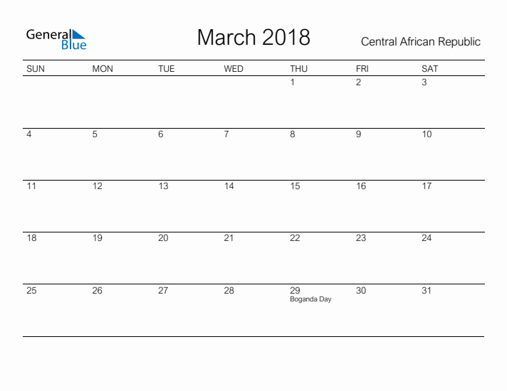 Printable March 2018 Calendar for Central African Republic