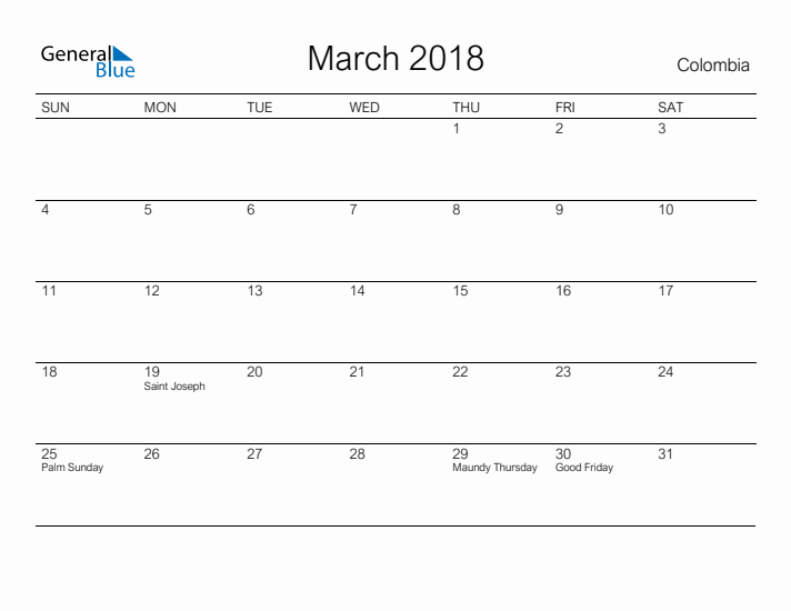 Printable March 2018 Calendar for Colombia