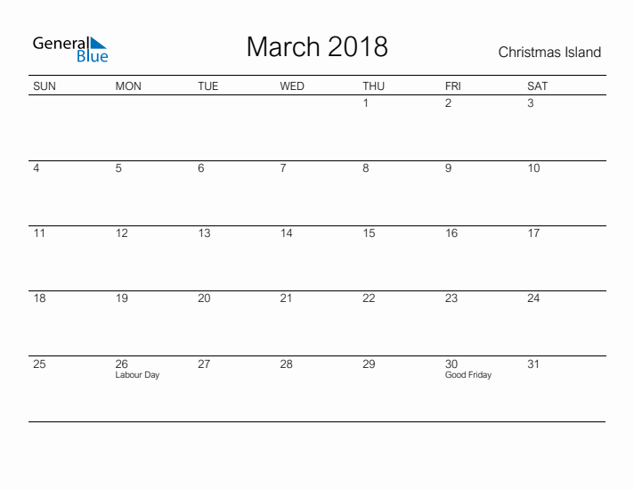 Printable March 2018 Calendar for Christmas Island