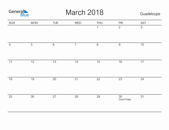 Printable March 2018 Calendar for Guadeloupe