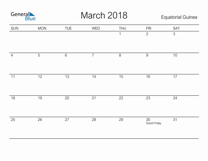 Printable March 2018 Calendar for Equatorial Guinea