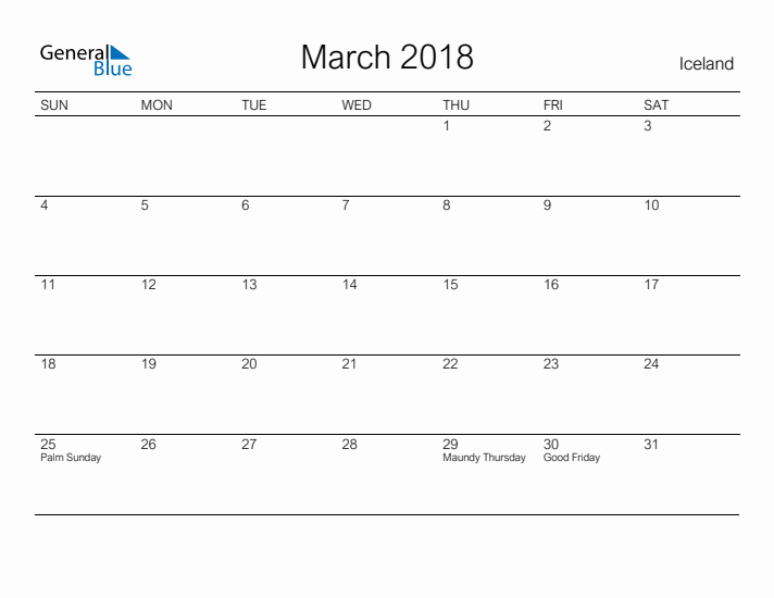 Printable March 2018 Calendar for Iceland