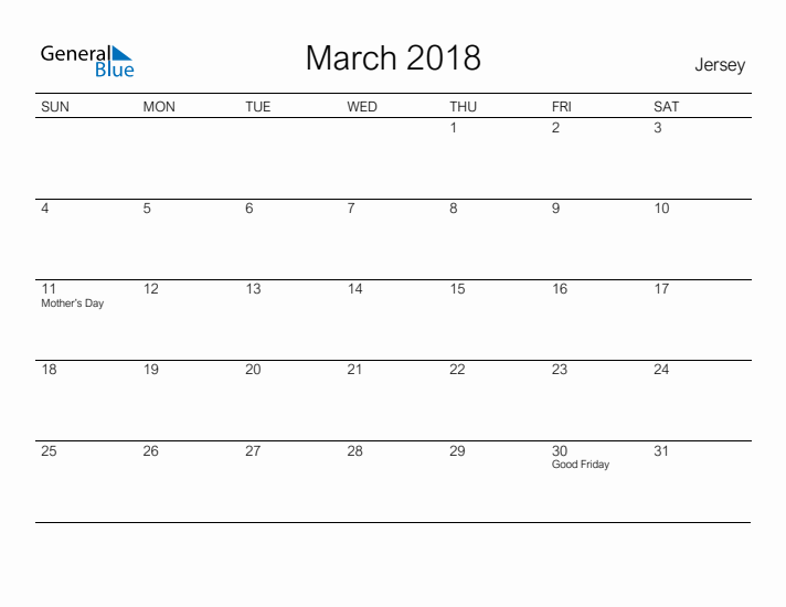 Printable March 2018 Calendar for Jersey