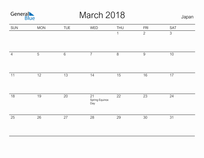 Printable March 2018 Calendar for Japan