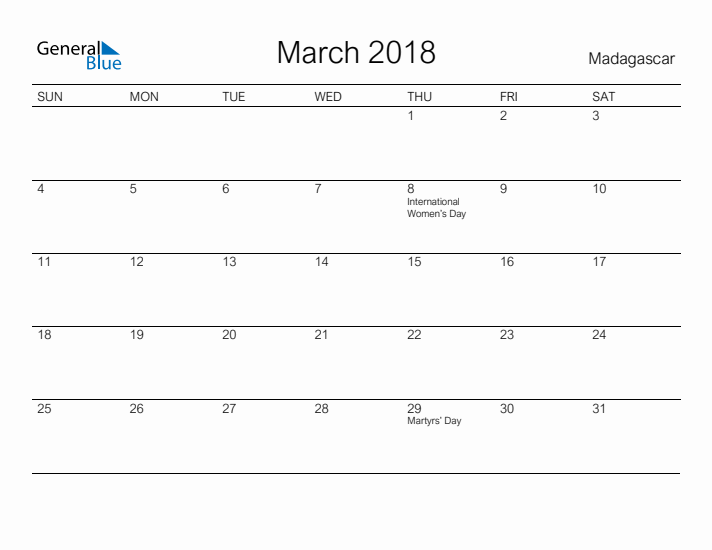 Printable March 2018 Calendar for Madagascar