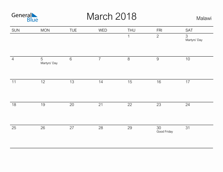 Printable March 2018 Calendar for Malawi