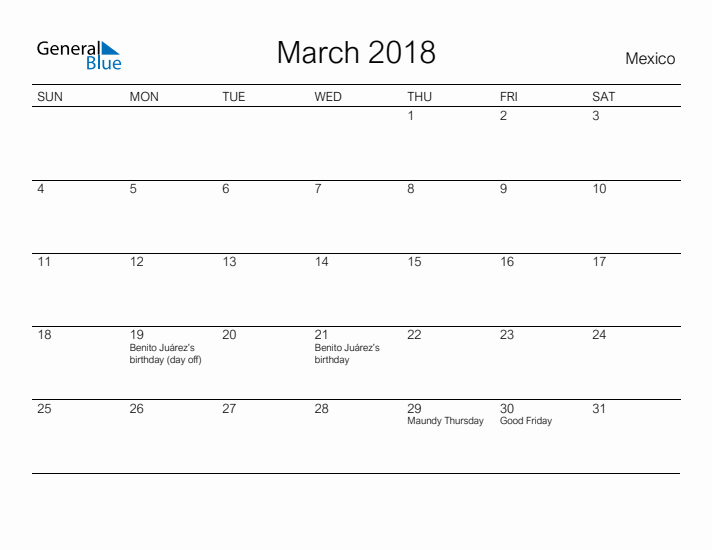 Printable March 2018 Calendar for Mexico