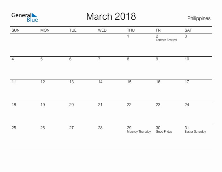 Printable March 2018 Calendar for Philippines