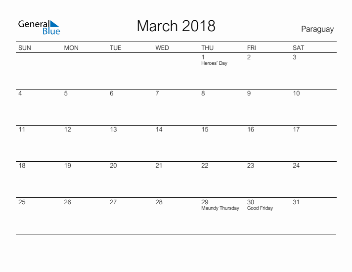 Printable March 2018 Calendar for Paraguay