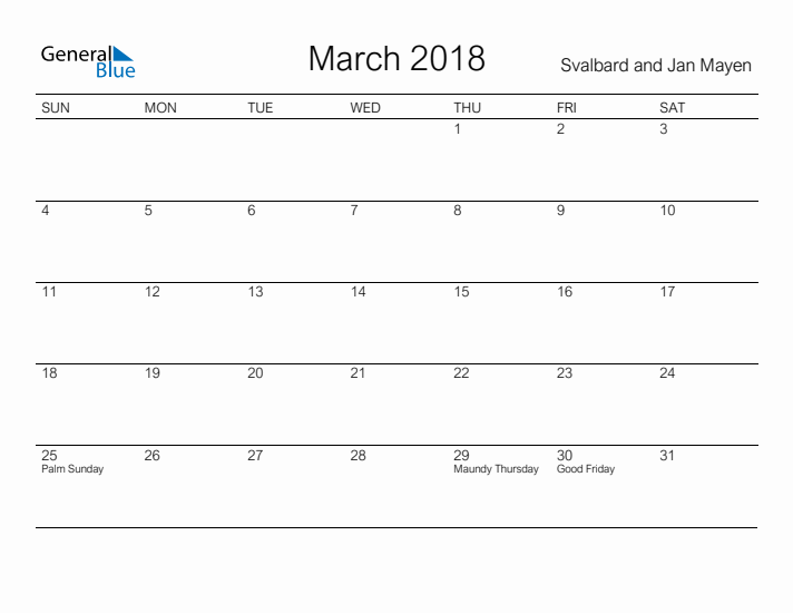 Printable March 2018 Calendar for Svalbard and Jan Mayen