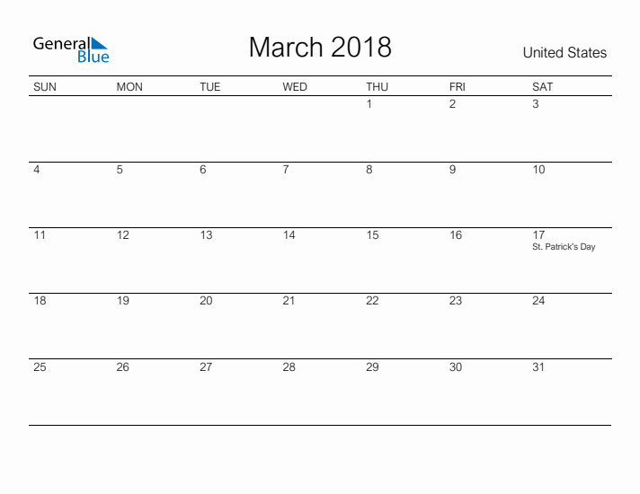 Printable March 2018 Calendar for United States