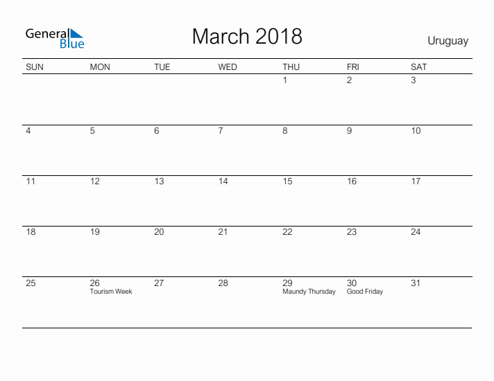 Printable March 2018 Calendar for Uruguay