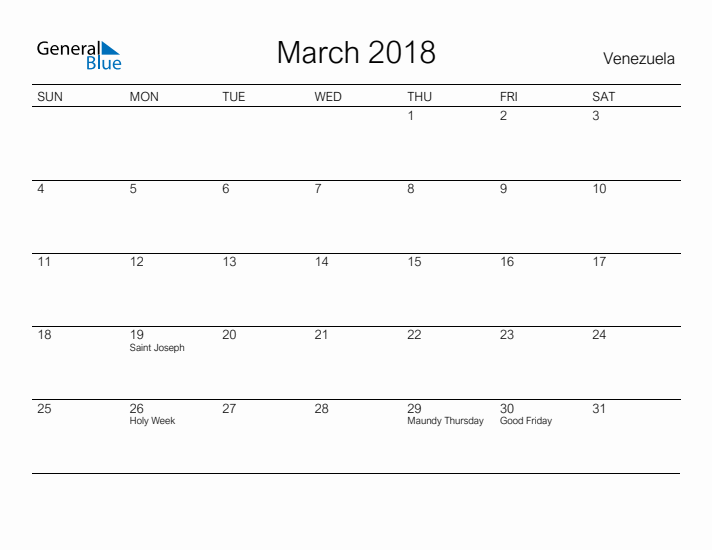 Printable March 2018 Calendar for Venezuela